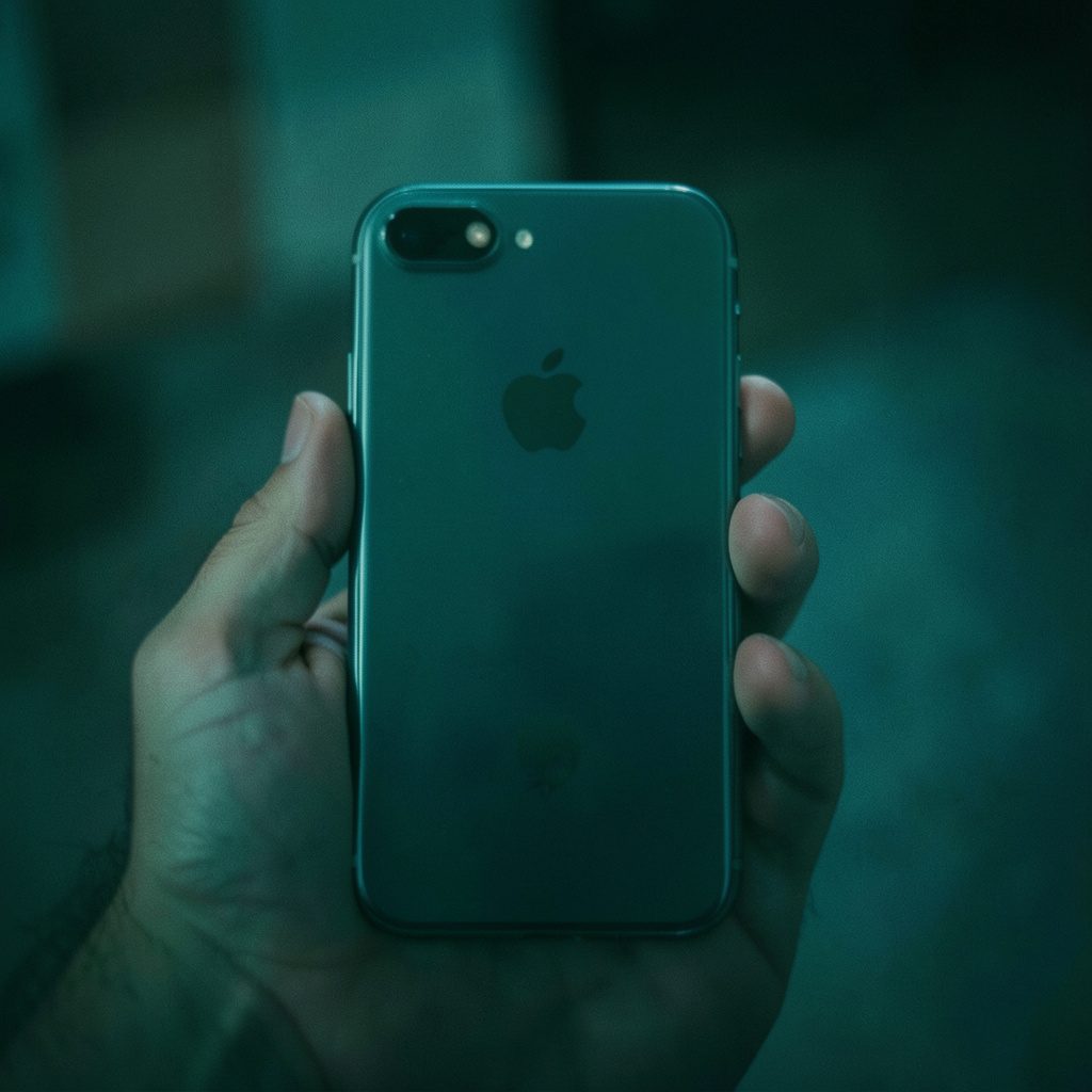 A smartphone resting on a dark gray desk with soft studio lighting, muted blue and charcoal tones, calm and focused mood